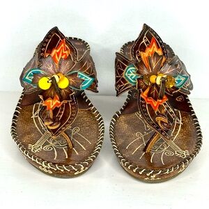 Corkys Bahamas Tooled & Beaded Leather Thong‎ Wedge Floral Sandals Boho Sz 6